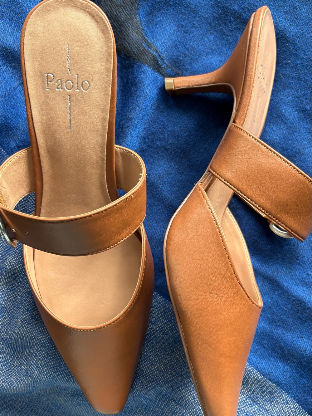 Paolo Brown Leather Pointed Mule Heels with Strap. Sold at Nordstrom’s . Leather